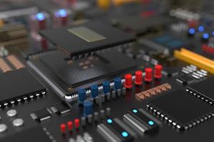printed circuit board with microchips, processors and other computer parts. 3D render on the topic of technology and large computing power photo