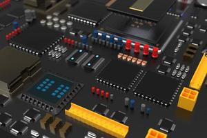 printed circuit board with microchips, processors and other computer parts. 3D render on the topic of technology and large computing power photo