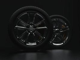 auto wheel with chrome disks close-up on a dark background. 3d render photo