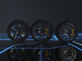 auto wheel with chrome disks close-up on a dark background. 3d render photo