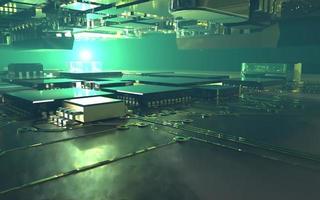 processor chip on a printed circuit board in red backlight. 3d illustration on the topic of technology and the power of artificial intelligence. photo