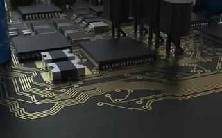 processor chip on a printed circuit board in red backlight. 3d illustration on the topic of technology and the power of artificial intelligence. photo