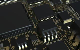 processor chip on a printed circuit board in red backlight. 3d illustration on the topic of technology and the power of artificial intelligence. photo
