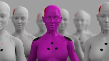group of robots in female image standing in rows artificial intelligence and robotics concept photo