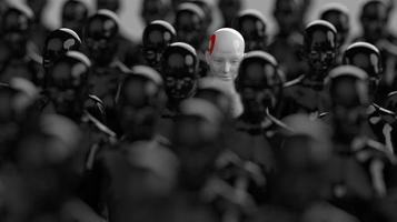 group of robots in female image standing in rows artificial intelligence and robotics concept photo