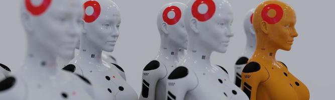 group of robots in female image standing in rows artificial intelligence and robotics concept photo