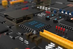 printed circuit board with microchips, processors and other computer parts. 3D render on the topic of technology and large computing power photo