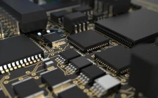 processor chip on a printed circuit board in red backlight. 3d illustration on the topic of technology and the power of artificial intelligence. photo