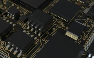 processor chip on a printed circuit board in red backlight. 3d illustration on the topic of technology and the power of artificial intelligence. photo
