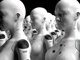 group of robots in female image standing in rows artificial intelligence and robotics concept photo