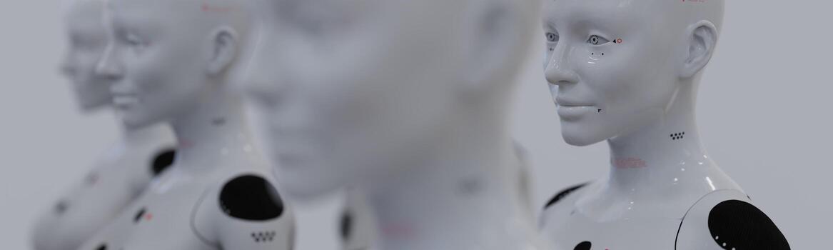 group of robots in female image standing in rows artificial intelligence and robotics concept photo