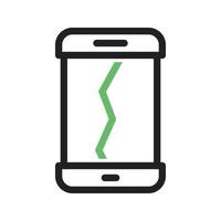 línea de teléfono celular rota icono verde y negro vector