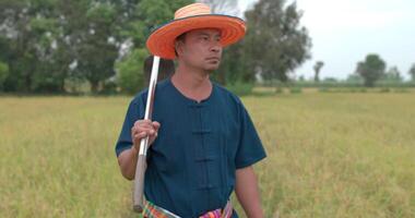 retrato de un granjero asiático cansado con un vestido azul quitándose un sombrero y sosteniendo una pala en el campo de arroz. video