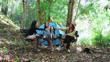 grupo hermosas mujeres asiáticas amigas viajeras relajándose en sillas de campamento en la carpa, están animando y bebiendo cerveza durante el campamento, hablando con diversión y felices juntas video