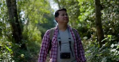 Slow motion close up shot, Young hiker man wearing eyeglasses with camera and backpack looking around woodland and walking on trail in nature forest video