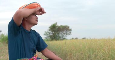 foto de retrato de un granjero asiático cansado con un vestido azul quitándose un sombrero y limpiando el sudor de la frente con la mano en el campo de arroz. video