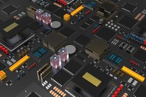 printed circuit board with microchips, processors and other computer parts on a dark background. 3d render photo