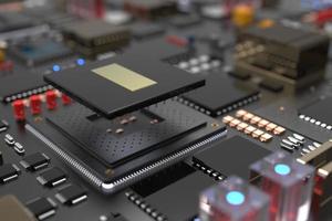 printed circuit board with microchips, processors and other computer parts. 3D render on the topic of technology and large computing power photo
