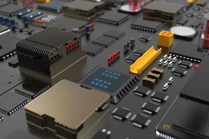 placa de circuito impreso con microchips, procesadores y otras partes de la computadora. 3D Render sobre el tema de la tecnología y la gran potencia informática foto