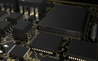 processor chip on a printed circuit board in red backlight. 3d illustration on the topic of technology and the power of artificial intelligence. photo