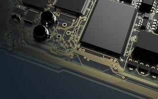 processor chip on a printed circuit board in red backlight. 3d illustration on the topic of technology and the power of artificial intelligence. photo