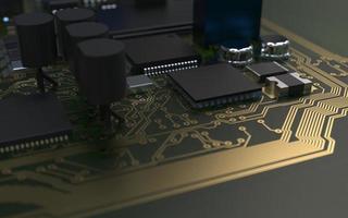 chip de procesador en una placa de circuito impreso con retroiluminación roja. Ilustración 3d sobre el tema de la tecnología y el poder de la inteligencia artificial. foto