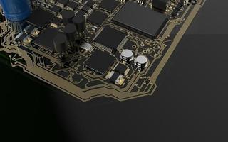 processor chip on a printed circuit board in red backlight. 3d illustration on the topic of technology and the power of artificial intelligence. photo