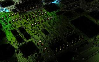 processor chip on a printed circuit board in red backlight. 3d illustration on the topic of technology and the power of artificial intelligence. photo