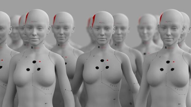 group of robots in female image standing in rows artificial intelligence and robotics concept photo