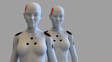 group of robots in female image standing in rows artificial intelligence and robotics concept photo