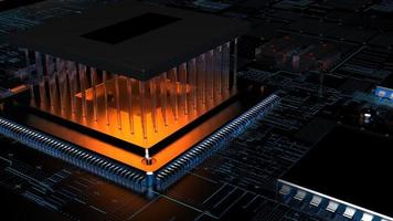 processor chip on a printed circuit board in red backlight. 3d illustration on the topic of technology and the power of artificial intelligence. photo