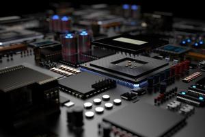 printed circuit board with microchips, processors and other computer parts on a dark background. 3d render photo