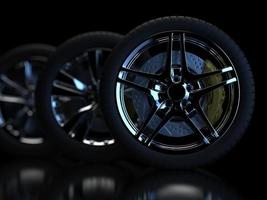 auto wheel with chrome disks close-up on a dark background. 3d render photo