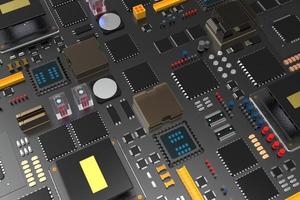 placa de circuito impreso con microchips, procesadores y otras partes de computadora sobre un fondo oscuro. renderizado 3d foto