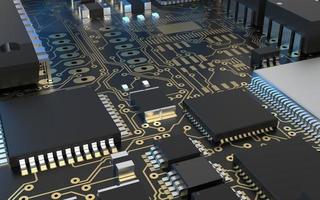 processor chip on a printed circuit board in red backlight. 3d illustration on the topic of technology and the power of artificial intelligence. photo