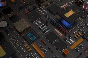 printed circuit board with microchips, processors and other computer parts on a dark background. 3d render photo