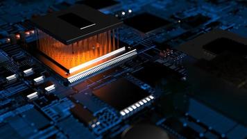 processor chip on a printed circuit board in red backlight. 3d illustration on the topic of technology and the power of artificial intelligence. photo