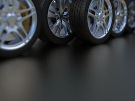 auto wheel with chrome disks close-up on a dark background. 3d render photo