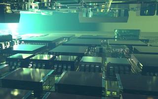 processor chip on a printed circuit board in red backlight. 3d illustration on the topic of technology and the power of artificial intelligence. photo
