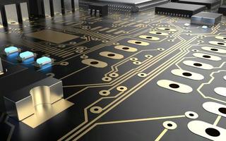 processor chip on a printed circuit board in red backlight. 3d illustration on the topic of technology and the power of artificial intelligence. photo