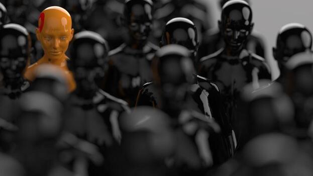 group of robots in female image standing in rows artificial intelligence and robotics concept photo