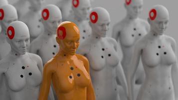 group of robots standing in rows industrial production concept photo