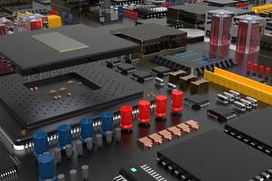 printed circuit board with microchips, processors and other computer parts. 3D render on the topic of technology and large computing power photo