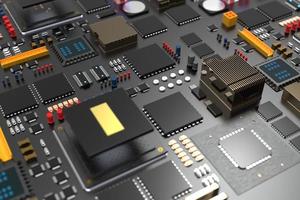 placa de circuito impreso con microchips, procesadores y otras partes de la computadora. 3D Render sobre el tema de la tecnología y la gran potencia informática foto