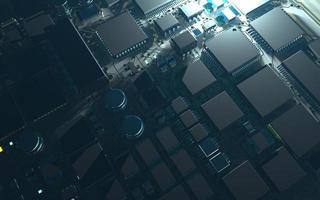processor chip on a printed circuit board in red backlight. 3d illustration on the topic of technology and the power of artificial intelligence. photo