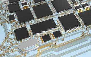 processor chip on a printed circuit board in red backlight. 3d illustration on the topic of technology and the power of artificial intelligence. photo