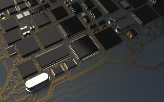 processor chip on a printed circuit board in red backlight. 3d illustration on the topic of technology and the power of artificial intelligence. photo