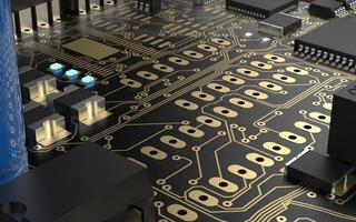processor chip on a printed circuit board in red backlight. 3d illustration on the topic of technology and the power of artificial intelligence. photo