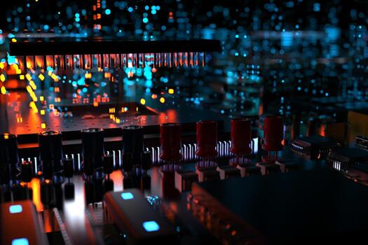 printed circuit board with microchips, processors and other computer parts on a dark background. 3d render photo