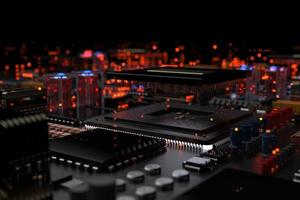 printed circuit board with microchips, processors and other computer parts on a dark background. 3d render photo